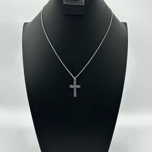 Vintage Blue Enamel Cross Silver Tone Pendant Necklace